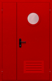 Фото двери «Полуторная с круглым стеклом и решеткой (красная)» в Долгопрудному